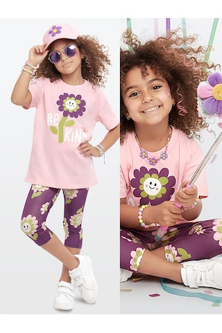 Denokids Kız Çocuk Takım Çiçekli T-shirt Tayt İlkbahar Yaz 3-10 Yaş Çok Renkli
