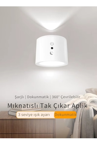 Uzaktan Kumandalı Çift Led Aplik Şarjlı Kablosuz 360 Dönen 3 Renk Işıklı Gece Lambası Siyah Kasa Çok Renkli