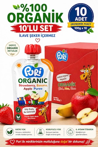 Organic Çilekli, Muzlu Elma Püresi 100 G x 10 %100 Organik İlave Şekersiz 10'lu Paket