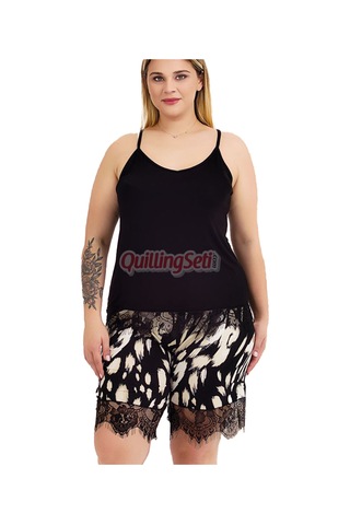 Lady Siyah Beyaz Renk Ve Desenli 10425 Şortlu Büyük Beden Anne Pijama Takımı Siyah - Beyaz