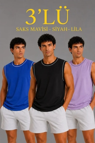 Efnaz Style Erkek 3 Lü Kolsuz Sporcu Atlet Seti Yazlık Bisiklet Yaka - Siyah, Lila, Saks Mavisi Çok Renkli