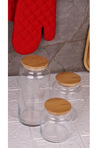 Zone - 3'lü Cam Saklama Kabı 600ml-800ml-1300ml Vakumlu Bambu Kapaklı Sku: Smgstk2819dbc246