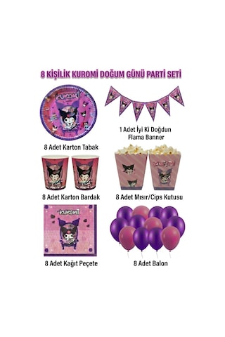 Kuromi Temalı Doğum Günü Parti Seti 8 Kişilik Tabak, Bardak, Balon, Flama, Popcorn Kutusu, Peçete