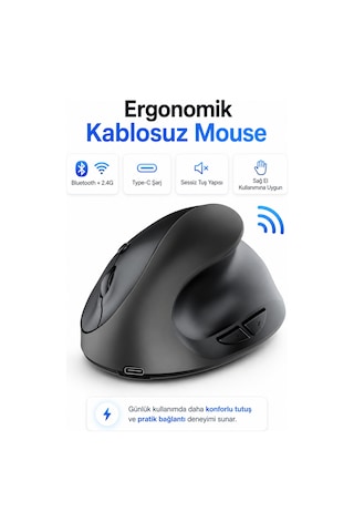 Type-c Şarjlı Dikey Ergonomik Kablosuz Mouse Bluetooth Siyah Sağ El Kullanımına Uygundur Çok Renkli Diğer