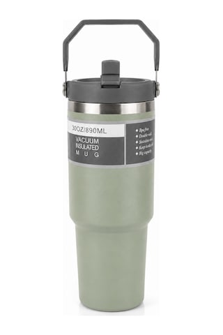 890 Ml Çelik Termos Bardak, 3 Şekilde Ağız Kullanımlı, Sızdırmaz Paslanmaz Çelik Pipetli Bardak Yeşil