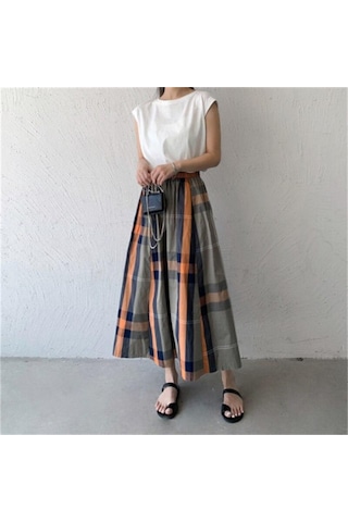 Qooth Kadınlar Rahat 8 Renk Büyük Ekose A-line Etek Tembel Elastik Bel Büyük Salıncak Uzun Etek Bahar Yaz Qt2055 Turuncu