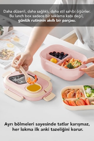 Bondie Kilitli Kapak Yemek Kabı - 2 Katlı Bölmeli Kaşık Ve Sosluklu Lunch Box Beslenme Kutusu Pembe