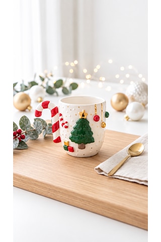 Çam Ağacı Seramik Mug 300 Ml El Yapımı 24k Altın Detaylı Yılbaşı Kupası Yeşil - Altın