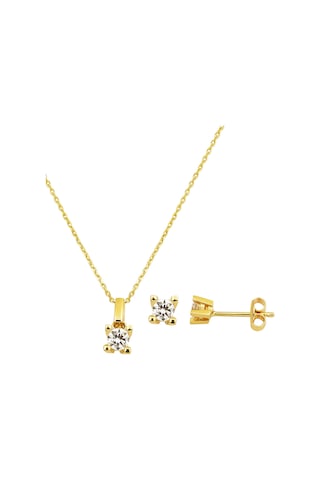 Bilezikci 14 Ayar Klasik Tektaş Altın Kolye Küpeli Set