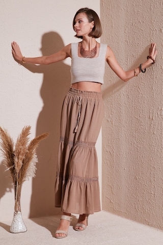 Lela Güpürlü Beli Lastikli Uzun Bayan Etek 611Et0106 Camel