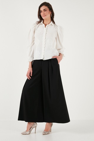 Lela Pamuklu Slim Fit Nakışlı Balon Kol Bayan Gömlek 676208 Ekru