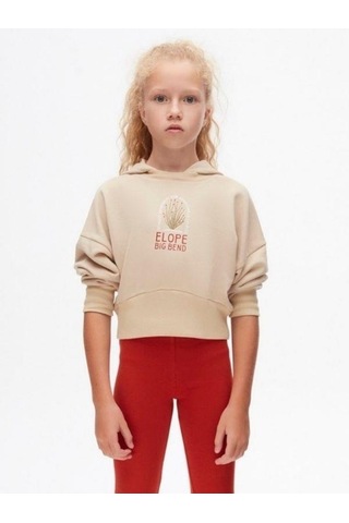 Kız Çocuk Pamuklu Orta Kalınlık Kapüşonlu Crop Sweatshirt-14707 Vizon