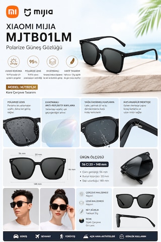 Mijia Square Polarize %95+ Oar Kaplama Uv400 Unisex Güneş Gözlüğü Hd Nylon Lens Siyah Çerçeve Mjtb01lm
