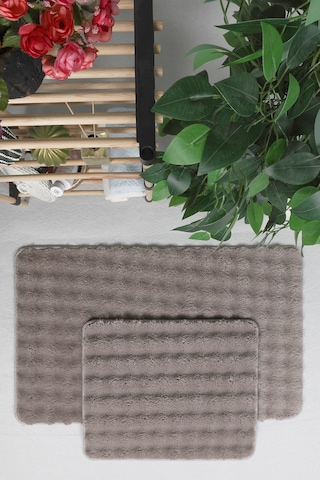 Modern Bubble Yıkanabilir Kaymaz Peluş Banyo Paspası Halısı 2'li Klozet Takımı 50x80-50x40cm Vizon