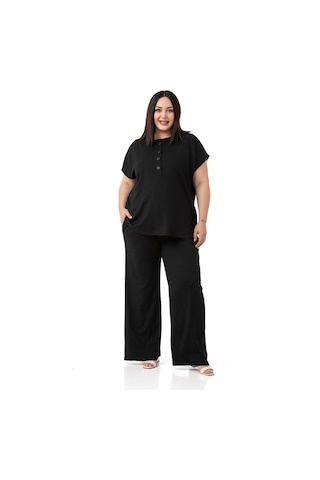Büyük Beden Düşük Kollu Bluz Pantolon Siyah İkili Takım Siyah