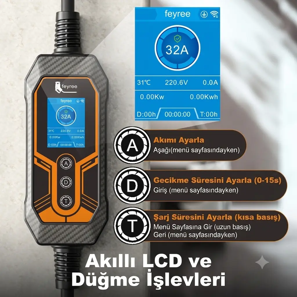 Feyree 32amper 1 Faz Tip-2 7kw Elektrikli Araç Şarj İstasyonu Wifi-app Özellikli 5metre 7,4 Kw