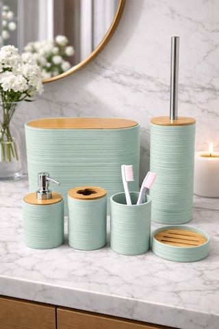 Makri Home 6 Parça Su Yeşili Banyo Seti, Bambu Detaylı, 8l Çöp Kovası 24x26x16 Cm Mint Yeşili