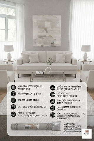 Modern Akrilik Salon Halısı Ekstra Yumuşak Kalın Dokuma Pamuk Jüt Tabanlı Lüks Halı Krem