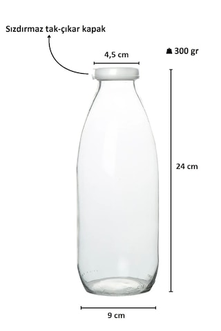 Rotanev 4 Adet 1 Litre Şeffaf Sürahi Süt, Ayran, Su, Limonata, Meşrubat Şişesi Plastik Kapaklı Cam Şişe