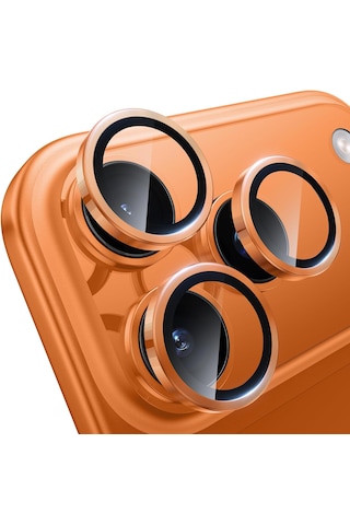 Apple Uyumlu   iPhone 17 Pro Max / 17 Pro Kozmik Turuncu Metal Çerçeveli Cam Kamera Lens Koruyucu Metal Aparatlı