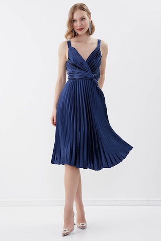 Vitrin Önü Desenli Piliseli Elbise Lacivert