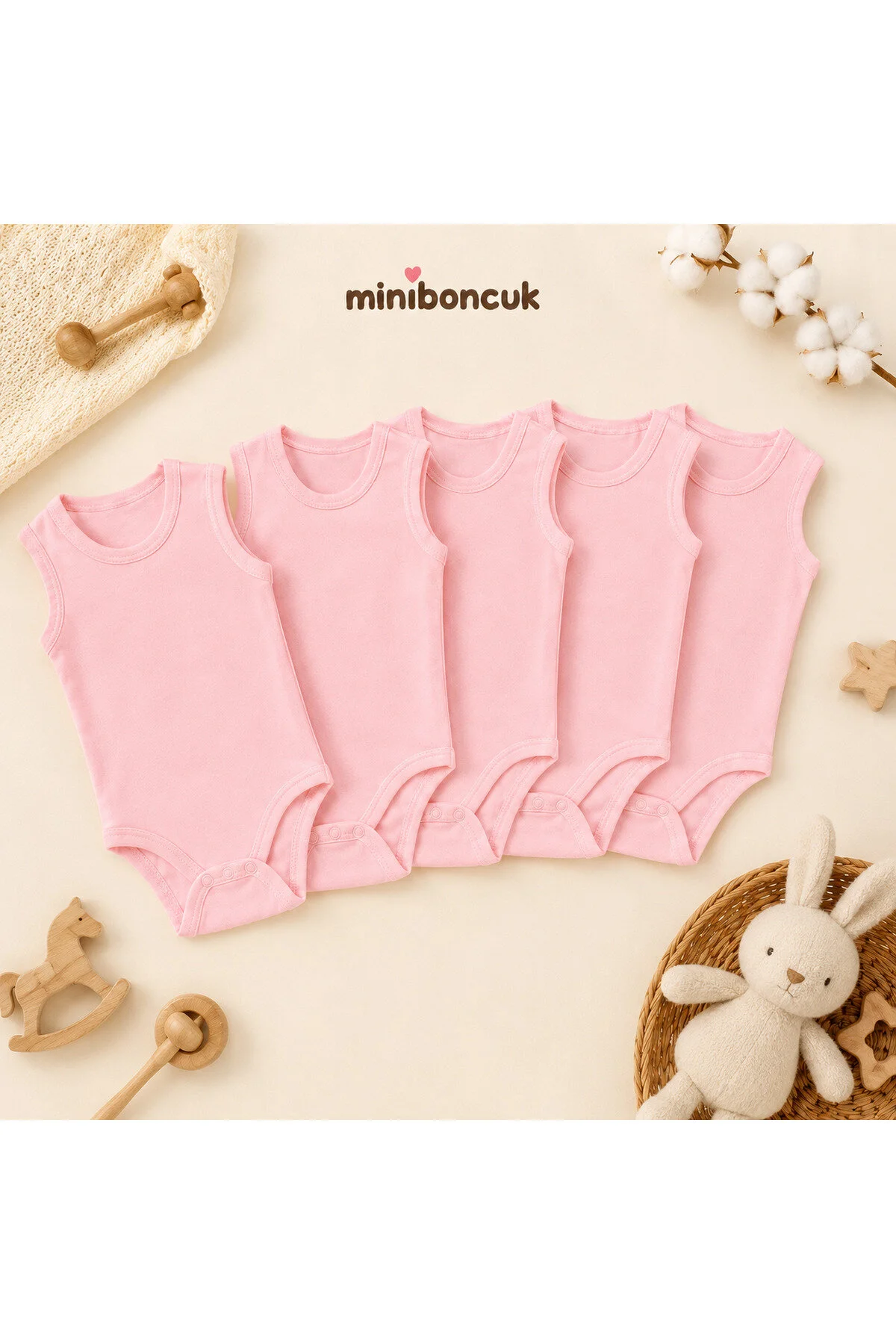 Mini Boncuk %100 Pamuk 5 Li Pembe Askılı Bebek Body Atlet Seti