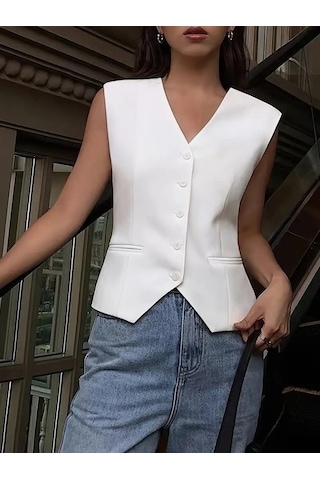 Efnaz Style Kadın Sıfır Kollu Önden Düğmeli Atlas Yelek Beyaz