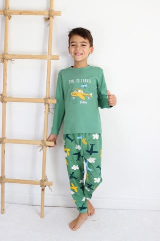 Harika Kids Erkek Çocuk Baskılı İnterlok Kumaş Uzun Kollu Pijama Takımı Yeşil