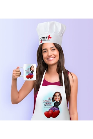 Kişiye Özel En Güzel Anne Karikatürlü Mutfak Önlüğü Aşçı Şapkası