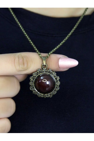 Doğal Taş Akik Doğal Taşlı Desenli Otantik Kadın Kolye 45 Cm Zincirli Euk28a Kırmızı