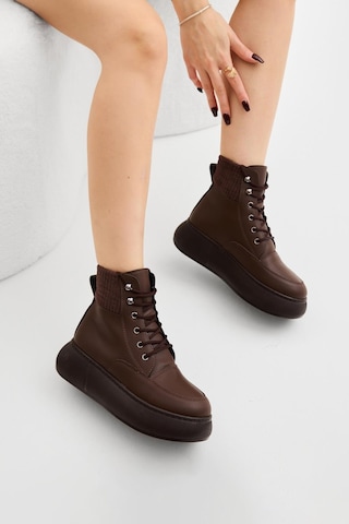 Kalın Poli Taban Lastik Boğazlı Bağcıklı Kadın Kahve Cilt Günlük Bot Tbrds005 Kahve Cilt