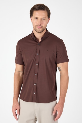 İmza Koyu Kahverengi Kısa Kol Düğmeli Yaka Cepsiz Performans Ürün Slim Fit Gömlek 1004250256 Koyu Kahverengi