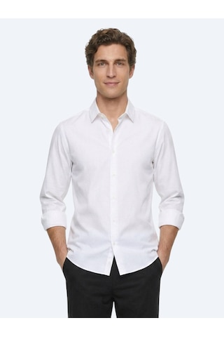 Kip Beyaz Çizgili Regular Fit Uzun Dokuma Casual %100 Pamuk Gömlek