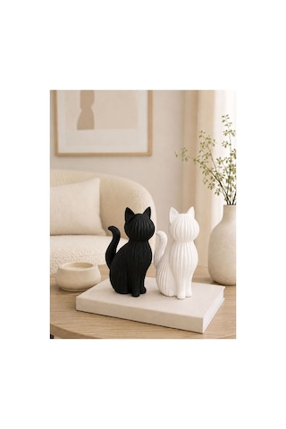 Siyah & Beyaz Dekoratif Kedi Biblo Seti Modern Minimalist Ev Dekoru 2'li Takım