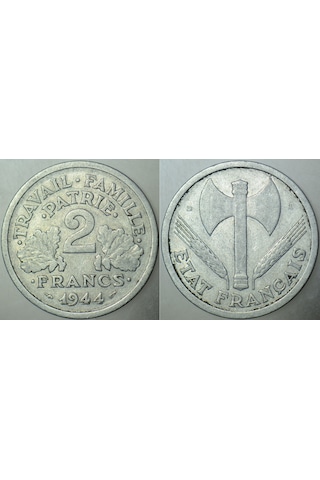Fransa 2 Frank 1944 B. En Az Çıkan Tarih Ve Harf. Iı. Dünya Savaşı Nazi İşgali.