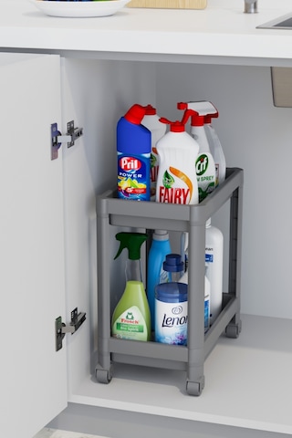 Mithra Life 2 Adet 2 Katlı Tekerlekli Tezgah Altı Gri Banyo Mutfak Rafı Mıt1124 Gri