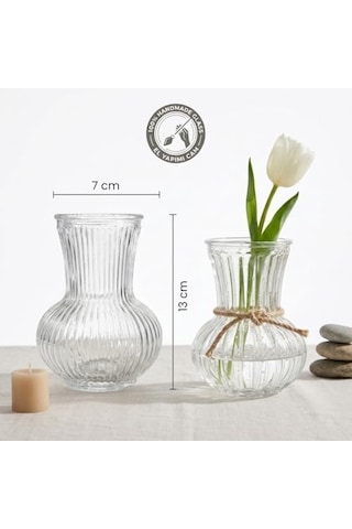 Pure Model El Yapımı Üfleme Cam Küçük Vazo - Şeffaf Optikli Dekoratif Çiçeklik 13x7 Cm