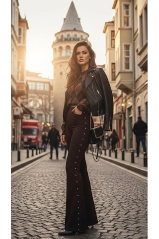 Premium Kalite Yanları Zımba Beli Lastik Detaylı Pantalon Kahverengi