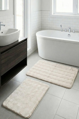 2 Li Peluş Bubble Banyo Paspas Seti 60x100+50x60 Cm Kaymaz Lateks Taban, Yumuşak Yüzey, Yıkanabilir Kırık Beyaz