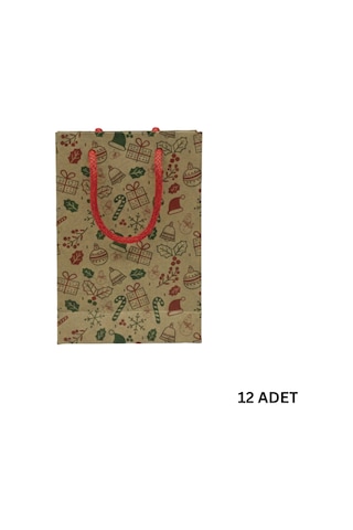 Yılbaşı Desenli Kraft Karton Çanta Seti-12li, Parti, Noel, Hediye Çantası, Kırmızı İpli, 12x17 Cm Standart