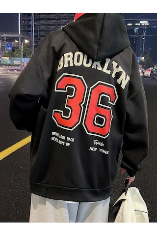 Unisex Oversize Brooklyn 36 Baskılı Kapüşonlu Sweatshirt Siyah