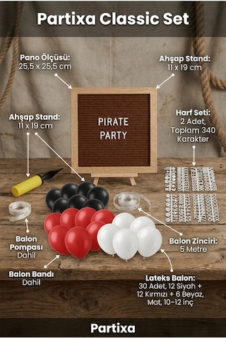 Korsan Temalı Doğum Günü Süsleme Classic Set Kahve Keçe Yazı Panosu Standlı Balon Zincirli Çocuk