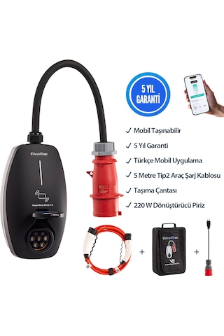 Evwallbox 22kw V3 Türkçe Mobil Uygulama 5 Yıl Garanti, 5 Metre Tip2 Araç Şarj Kablosu, Taşıma Çantası Ve 220v Dönüştürücü Adaptör Dahil 22 Kw