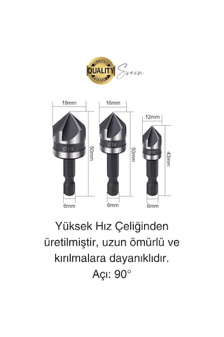 A Kalite 3 Parça Premium Havşa Açma Matkap Ucu Seti Hss Bits Uçlu Paslanmaz Çelik Kalın 12-16-19 Mm