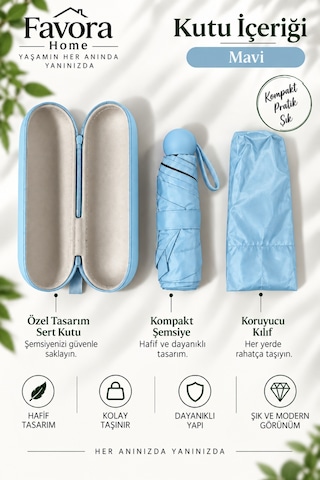 Favora Rainbox Kapsül Şemsiye - Kutulu Mini Katlanır Çanta Boy Şemsiye Buz Mavisi