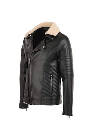 Oliggopol Erkek Siyah Kuzey Yaka Kürklü Slim Fit Deri Ceket Mont Siyah