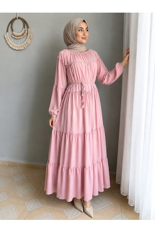 Efulim Womens İpli - Astarlı Salaş Şifon Tesettür Elbise Pembe