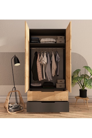 Flora 2 Kapaklı 2 Çekmeceli Gardırop Antrasit - Safir Meşe Elbise