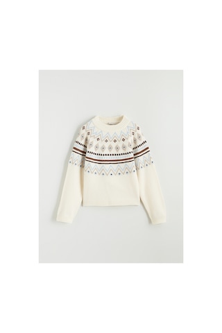 LC Waikiki Alıta Cıty Farkıyla Lcw Kids Bej Oval Yaka Desenli Kız Çocuk Triko Kazak Bej - 925578093 Bej