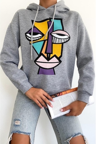 Femelle Kadın Yeni Sezon Karakter Baskılı Kapüşonlu Pamuklu Sweatshirt Gri
